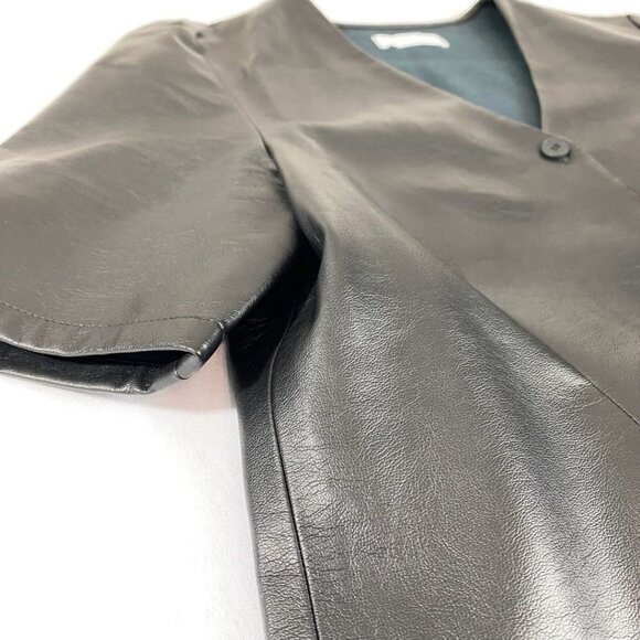 OAK + FORT BLACK FAUX LEATHER V-NECK SHORT SLEEVE BUTTON FRONT MINI DRESS - M - Picture 5 of 7